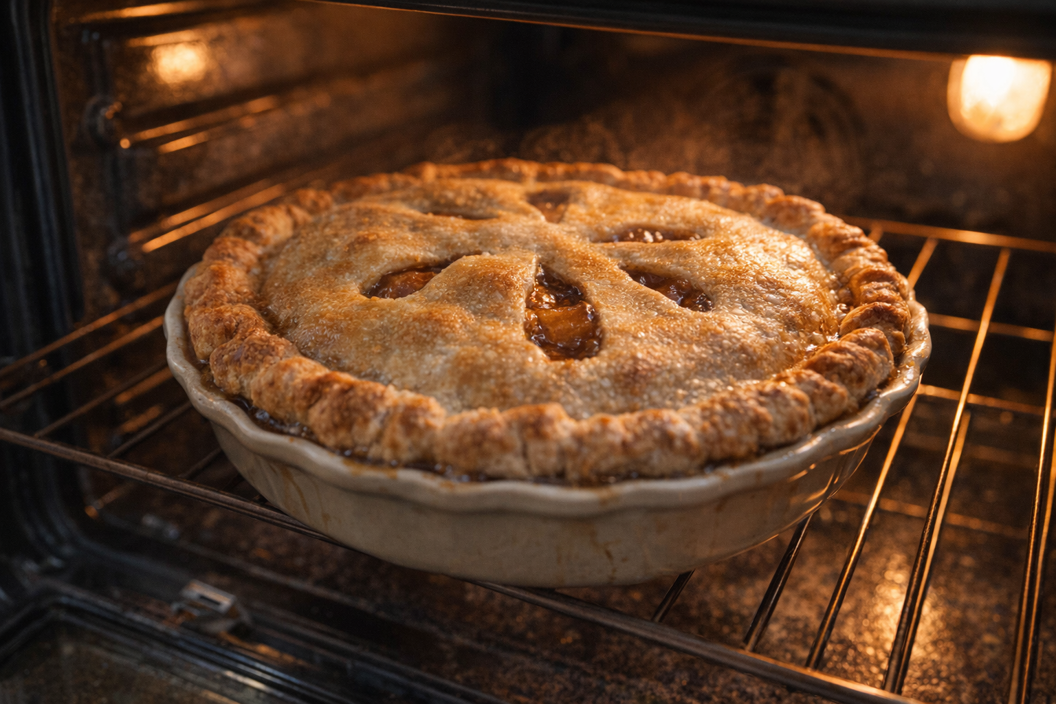 A medium shot of an apple pie baking in the oven, crust is golden brown, bubbling filling visible, warm oven light